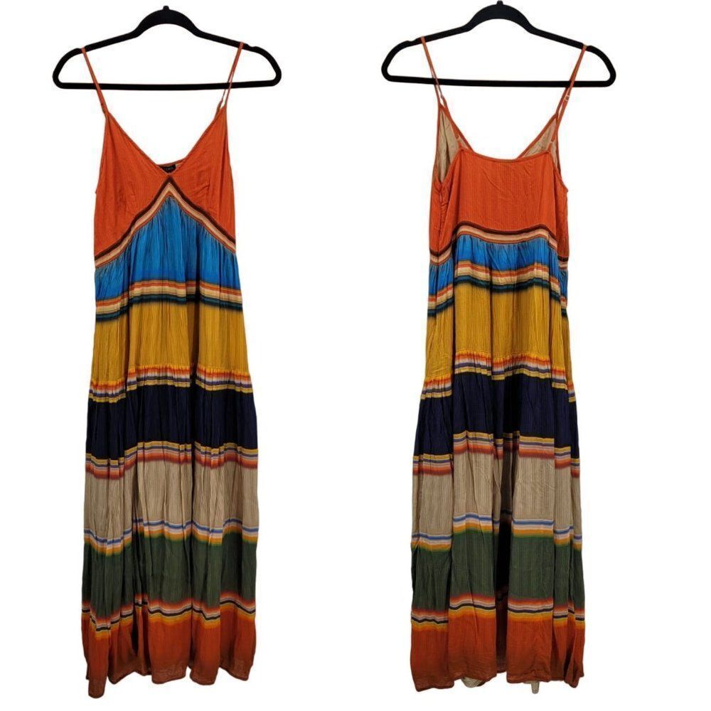 Anthropologie Tanvi Kedia V-Neck Colorblock Midi Dress M Sleeveless Tiered Pleat - Picture 2 of 10